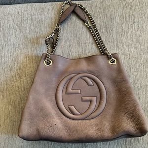 Authentic Gucci Suede Leather Purse Gold Chain Double Straps Taupe Light Browm